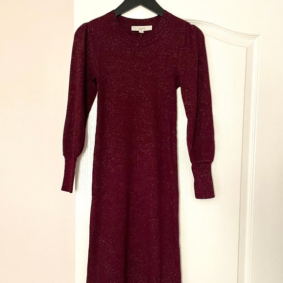 NWT Loft Ribbed Sparkly Sweater Midi Dress in Burgundy Size XS - Picture 2 of 10